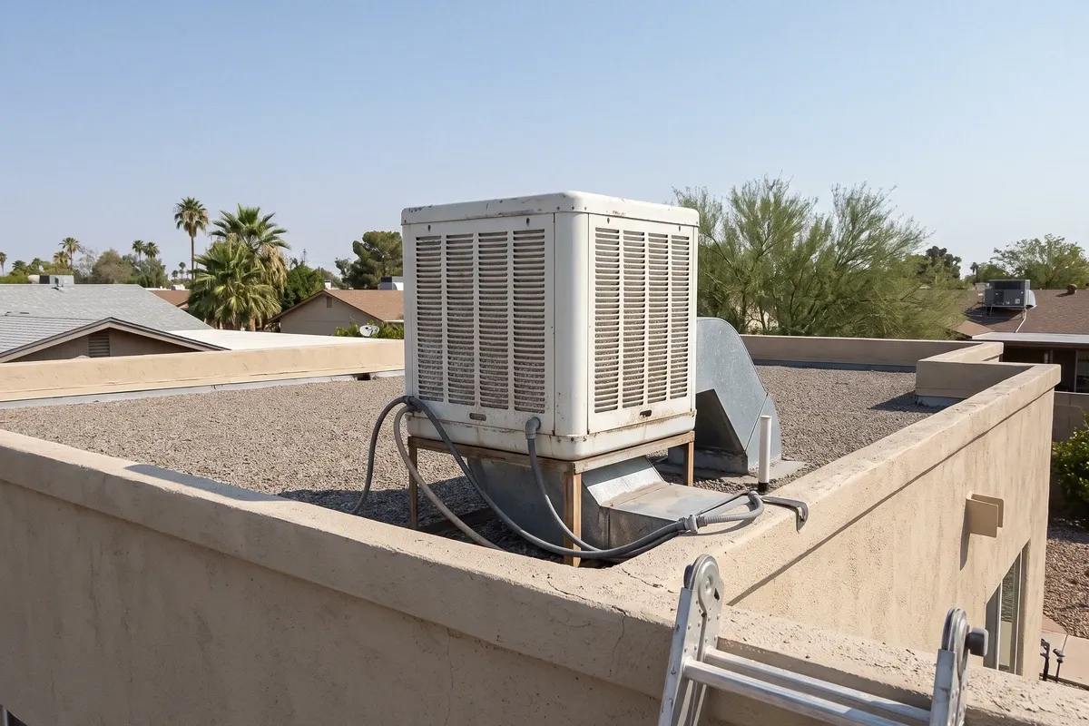 A roof-mounted evaporative cooler on the roof of a beige stucco home in Phoenix under a clear sky