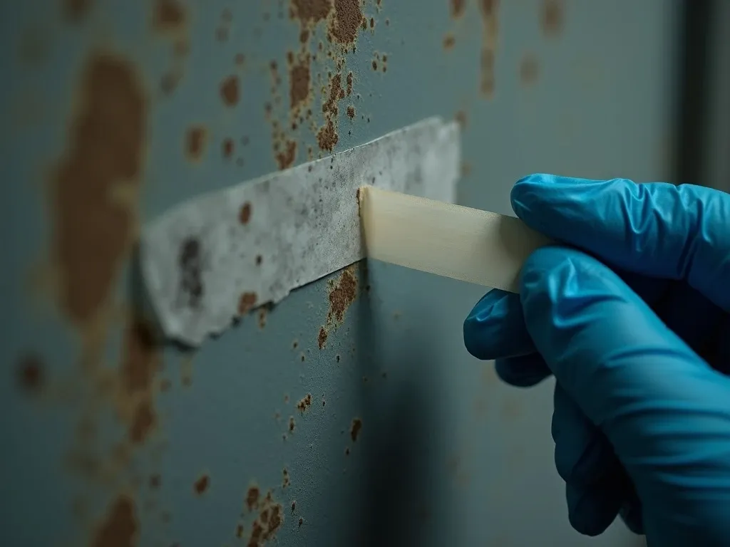 A gloved hand pressing a clear tape sample strip against a dark moldy wall to collect a sample for lab testing.