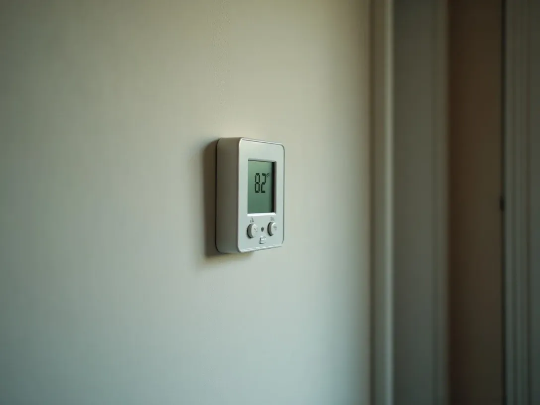 A wall-mounted home thermostat with a digital screen showing the temperature set to 82 degrees on a plain interior wall, with the AC clearly left running but set high for an empty home.