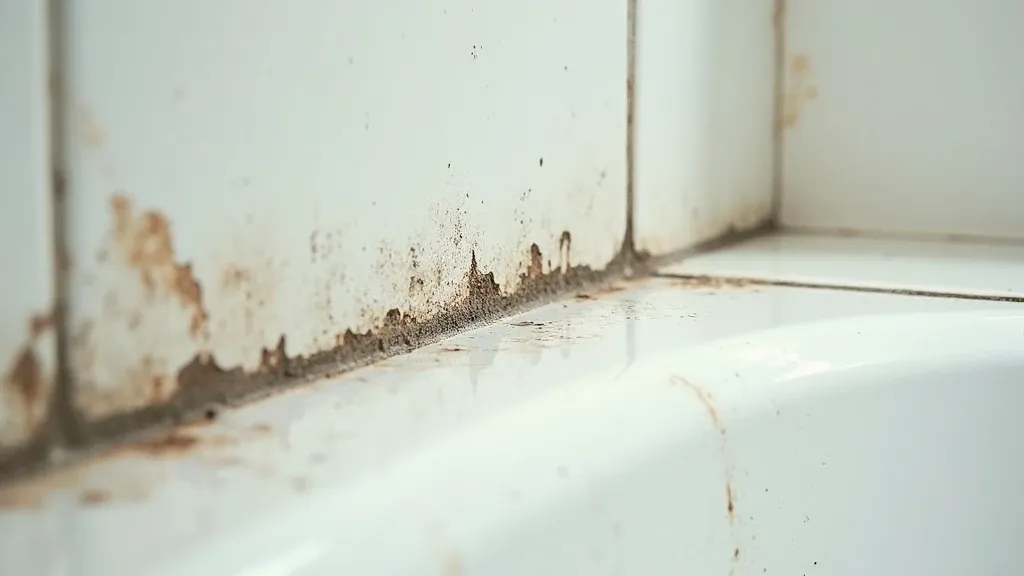 Bathroom tile surface showing cleaned white tile alongside still-stained grout lines, sponge and residue visible, close-up of the contrast between cleaned and uncleaned sections