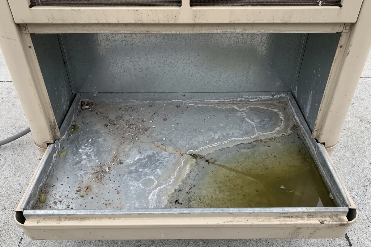 Looking down into the open bottom water tray of a shut-down swamp cooler, a shallow pool of leftover water in one corner, faint chalky white mineral scale rings dried onto the galvanized metal, and scattered grit and leaf debris.