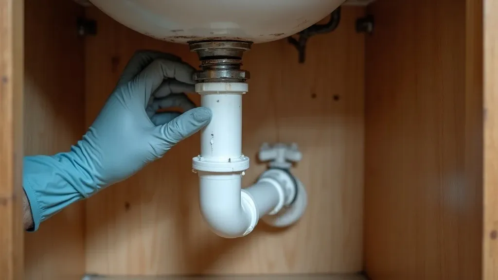 Under-sink plumbing with a dripping pipe joint, water stains on cabinet floor, gloved hand inspecting, bathroom cabinet interior