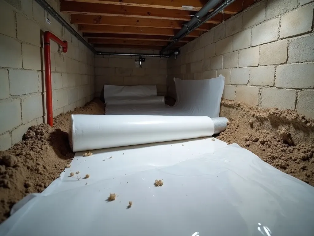 White polyethylene vapor barrier being rolled out across the bare dirt floor of a crawl space, floor joists and pipes overhead, concrete block walls on the sides.
