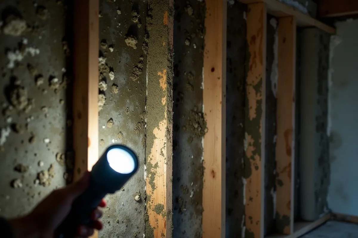 Opened wall cavity inside a home showing black and green mold colonies growing on wooden studs, no sunlight reaches this interior space