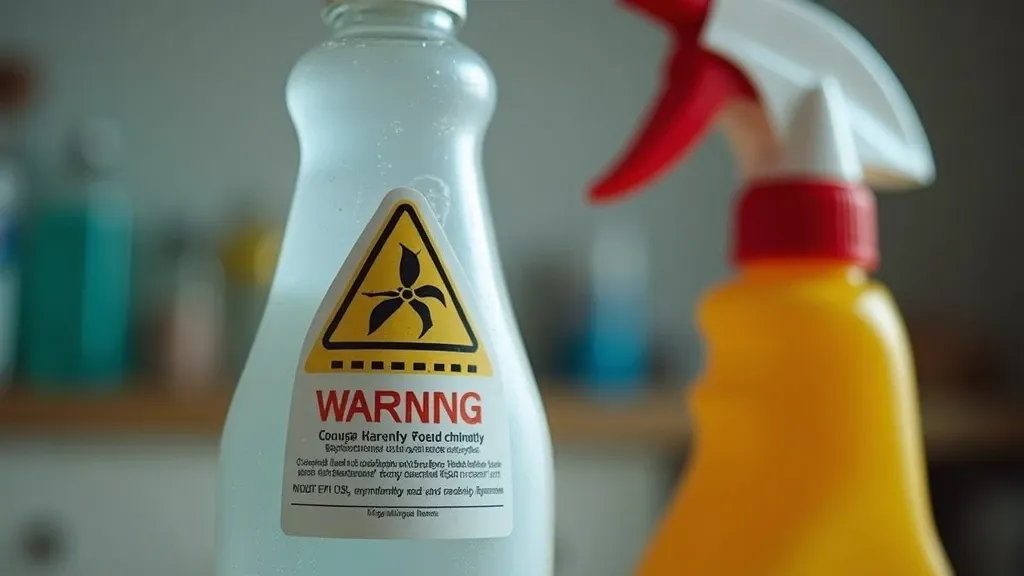Household cleaning product bottle with hazard warning label visible, danger symbols shown on the label, chemistry safety concept