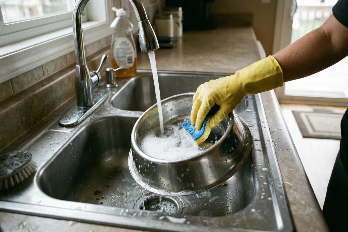A gloved hand washing a stainless steel dog bowl in a kitchen sink with soap suds, warm running water, residential kitchen, no face visible, natural light.