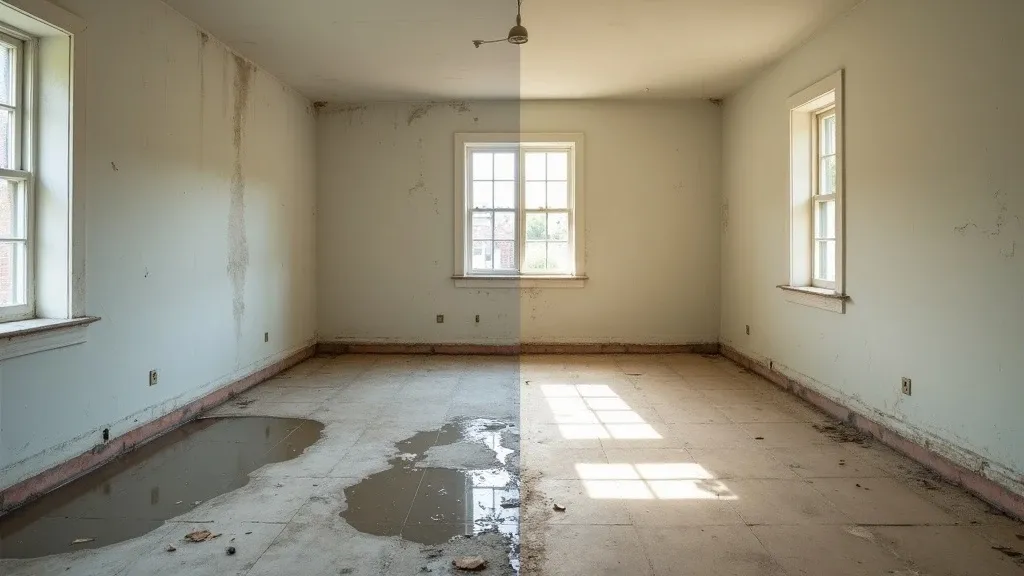 A water-damaged room before and after — standing water and soaked baseboards on the left; dried out and restored on the right.