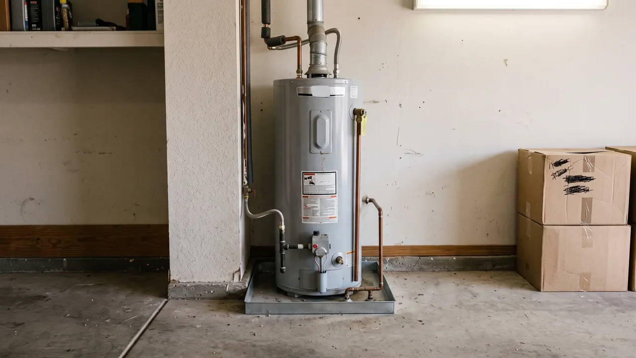 A gas water heater in a tract-home garage standing in a shallow metal drip pan on a dry concrete floor, with cardboard boxes against the wall