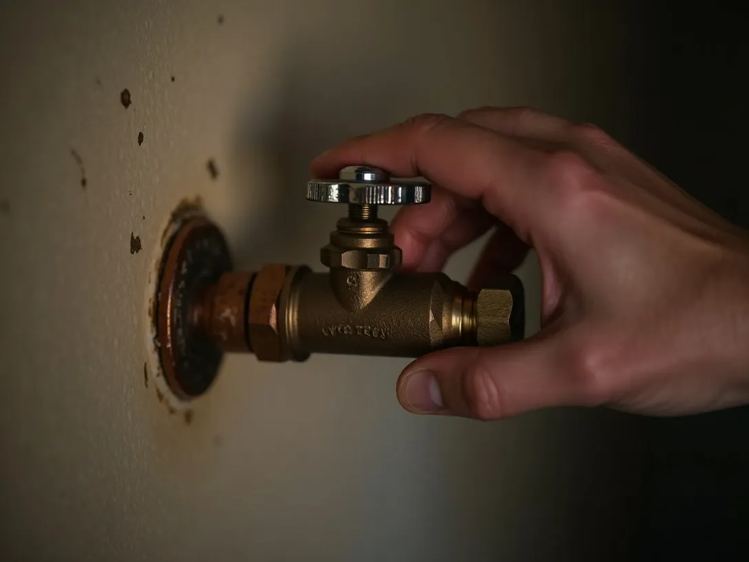 A hand turning a lever-style main water shut-off valve to the closed position on a copper supply pipe coming out of a stucco wall in a utility area, with slight mineral staining on the pipe.
