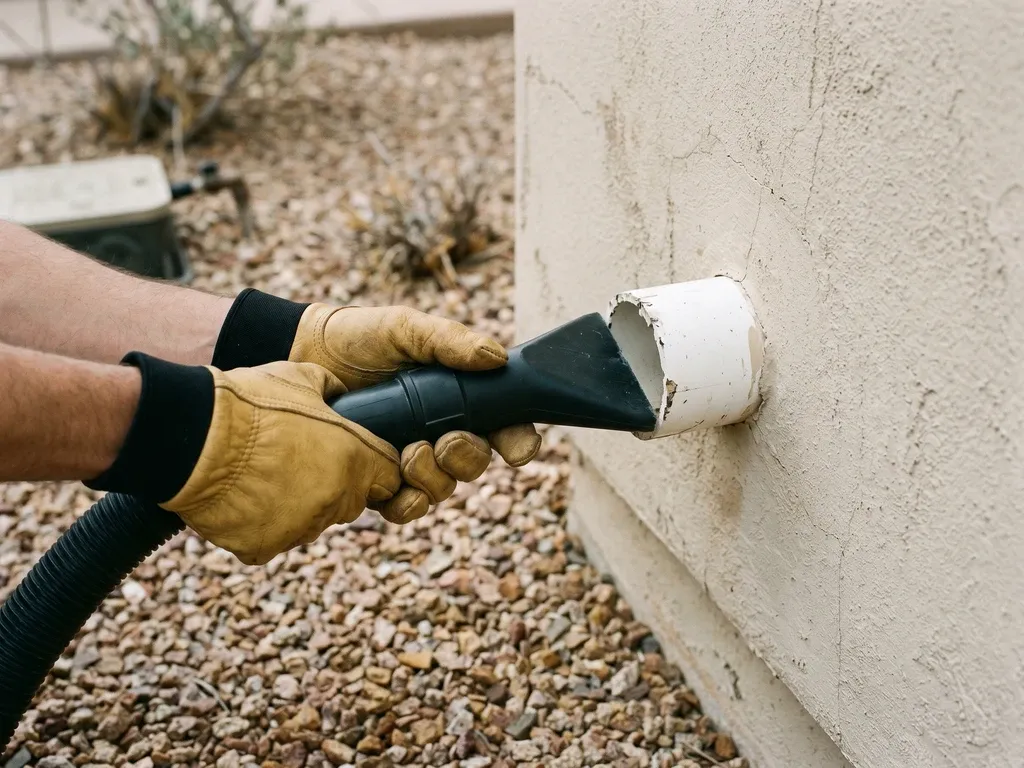 Gloved hands holding a shop wet-dry vacuum nozzle against a white PVC drain pipe exiting a stucco wall, outdoor setting with gravel landscaping, no face shown