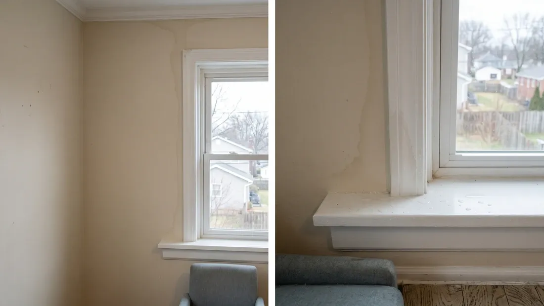 Interior corner where a window meets a painted drywall wall in a Phoenix home, faint tan water stain spreading down from the top corner of the window frame after wind-driven rain, a few drips on the windowsill, natural daylight, early-stage damage