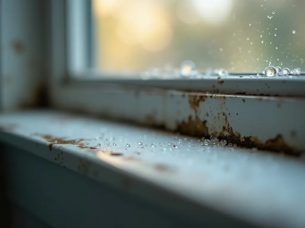 Close-up of condensation droplets and a little dark mold along an interior window sill in a home.