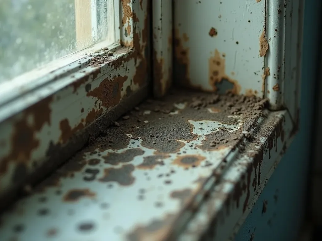 Dark mold growth on a window sill and frame with peeling paint in an older home.