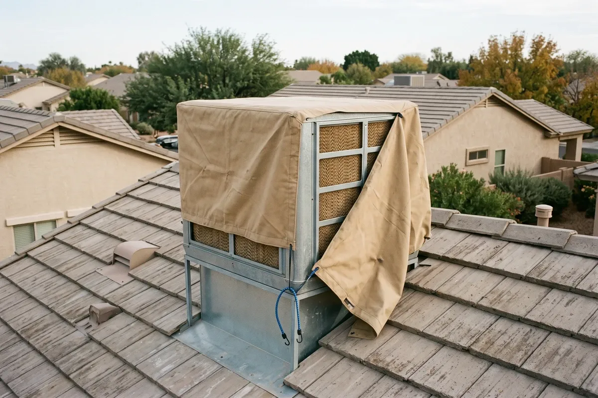 A tan canvas cover pulled over most of a rooftop swamp cooler on a Phoenix house, with one corner still unfastened and a bungee cord hanging