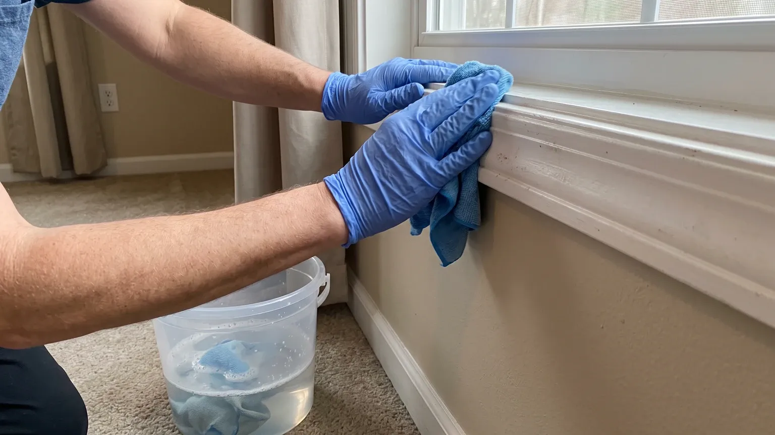 Blue-gloved hands wiping a small patch of painted white trim with a cloth, a bucket of soapy water beside them