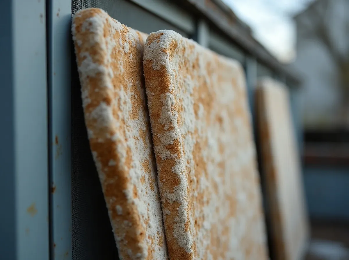 Close-up of worn aspen-fiber evaporative cooler pads removed from a swamp cooler, stained with chalky white mineral scale and rusty brown water residue, with dark damp discoloration and matted fibers in harsh outdoor daylight.