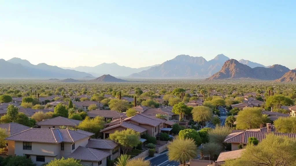 A wide view of the Phoenix valley with desert mountains behind neighborhoods of tile-roof homes — the metro Mold Pros Phoenix serves.