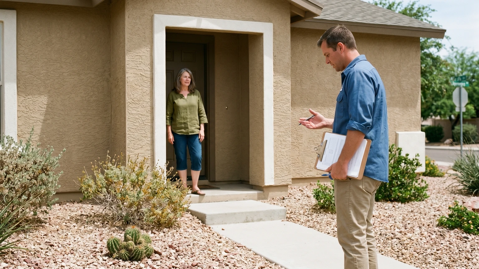A contractor in a blue work shirt holds a clipboard while speaking with a homeowner at the front door of a tan stucco Phoenix home, desert gravel landscaping and midday sun visible behind them.