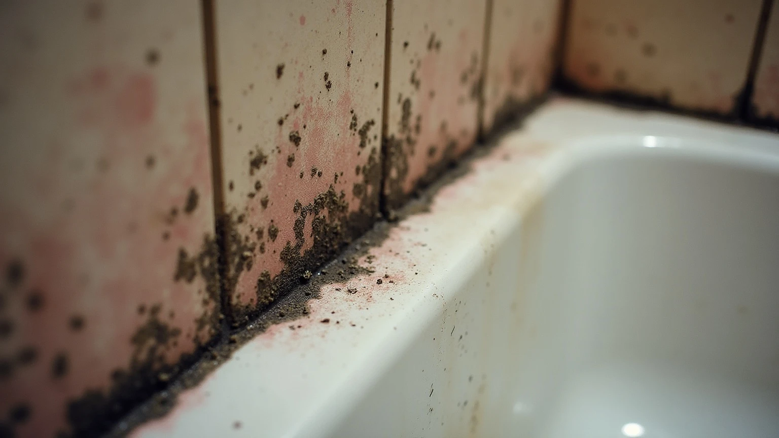 Black and pink mold visible on shower grout lines and caulk around a tub surround, close-up of tile in a Phoenix home bathroom