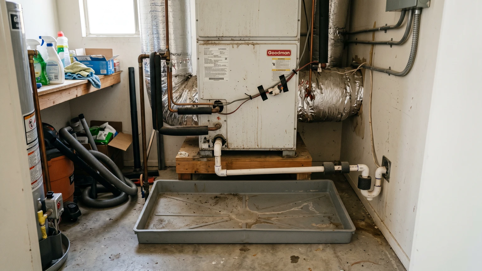 Indoor AC air handler unit in a residential utility closet showing the white PVC condensate drain line and plastic drain pan below the unit