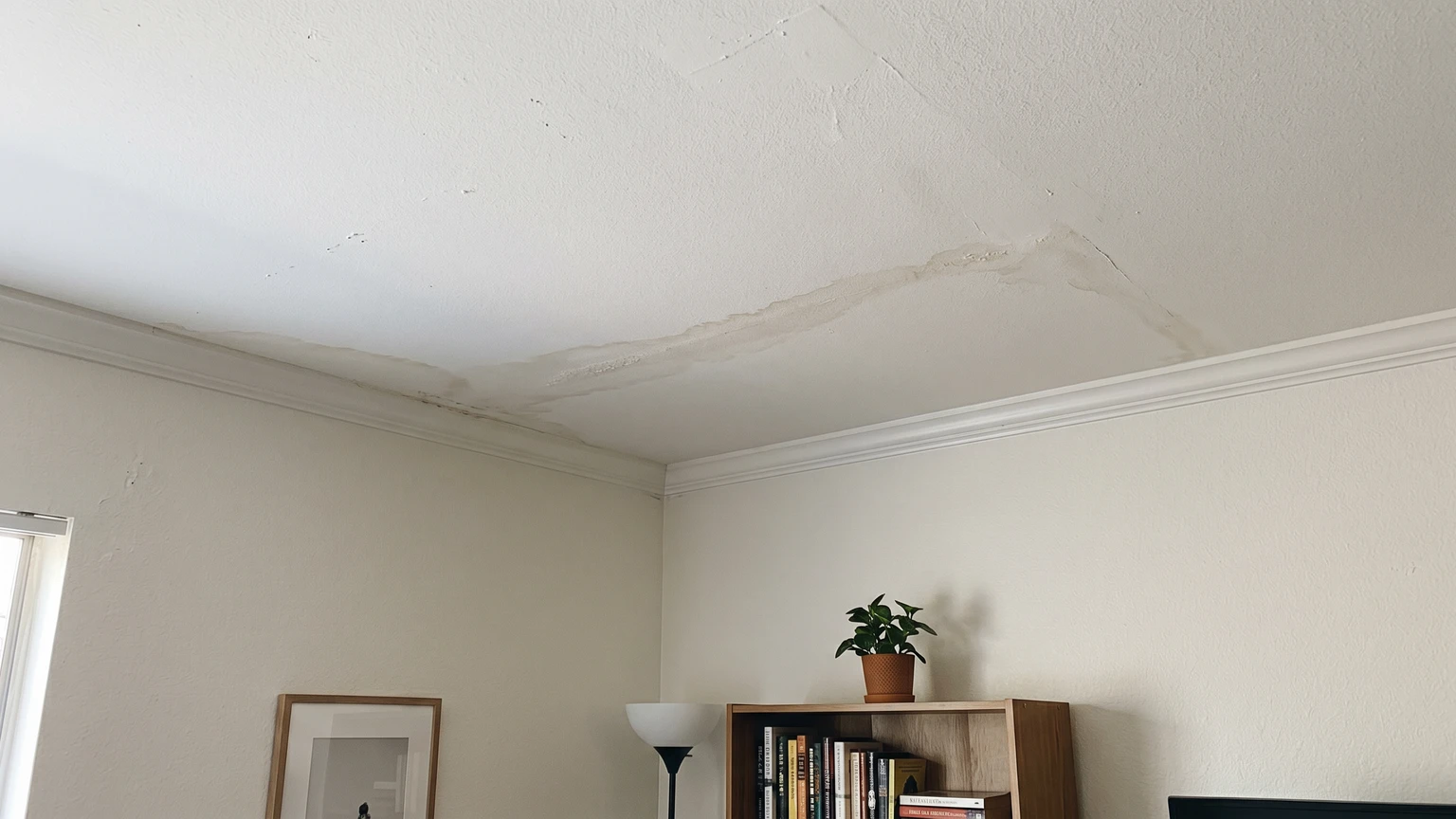 A downstairs Phoenix condo living room ceiling with a faint tan-brown water stain spreading from the corner, paint slightly discolored, no people, natural afternoon light.
