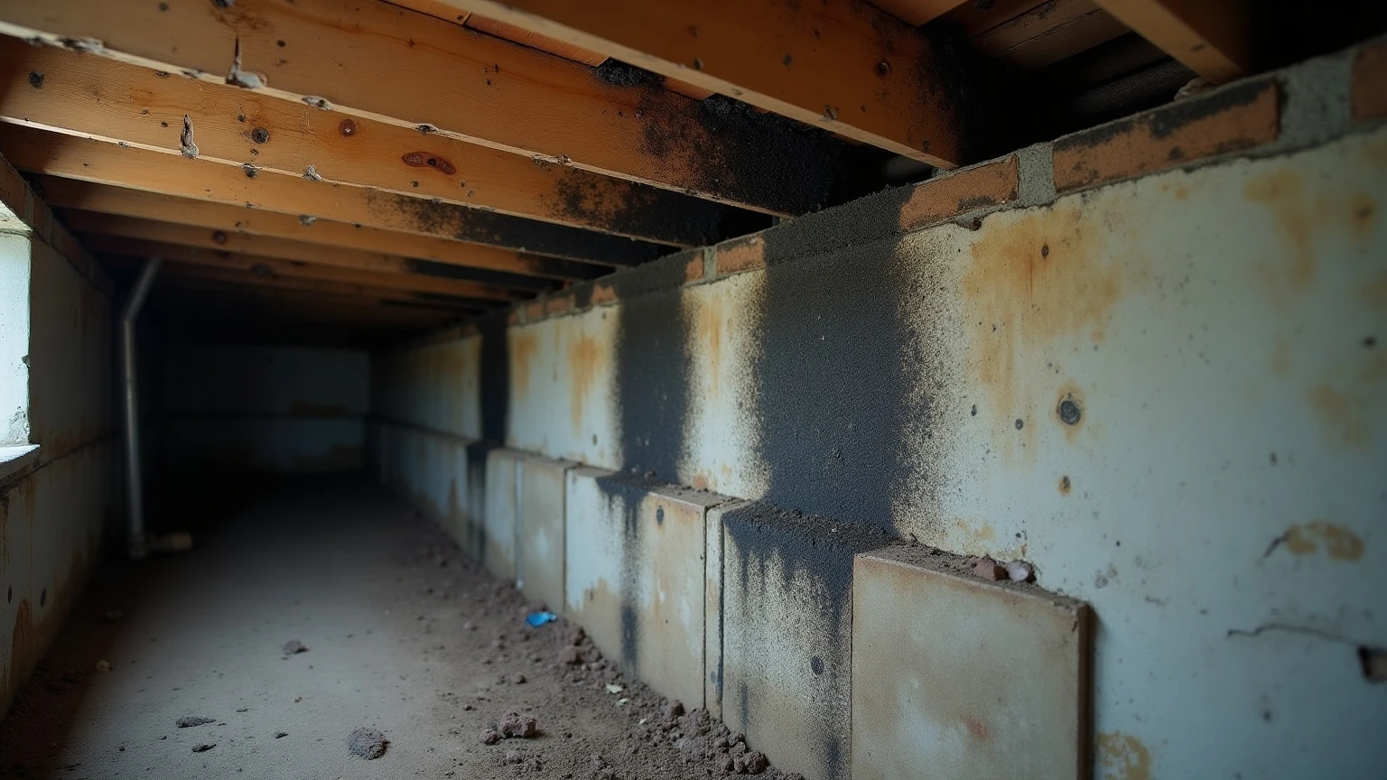 Dark mold spreading across wooden floor joists inside a Phoenix-area crawl space, bare dirt floor below and concrete block foundation walls.