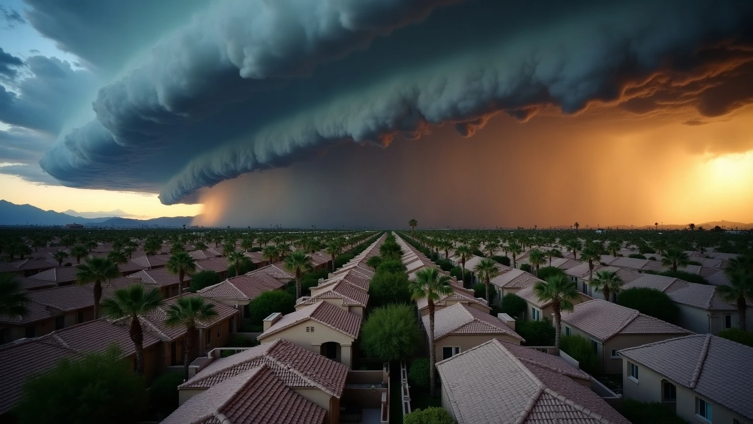 A wall of monsoon dust and rain rolling at dusk across rows of single-story tile-roof stucco homes in a Phoenix valley neighborhood, with warm low sunlight catching the rooftops and desert mountains on the horizon.
