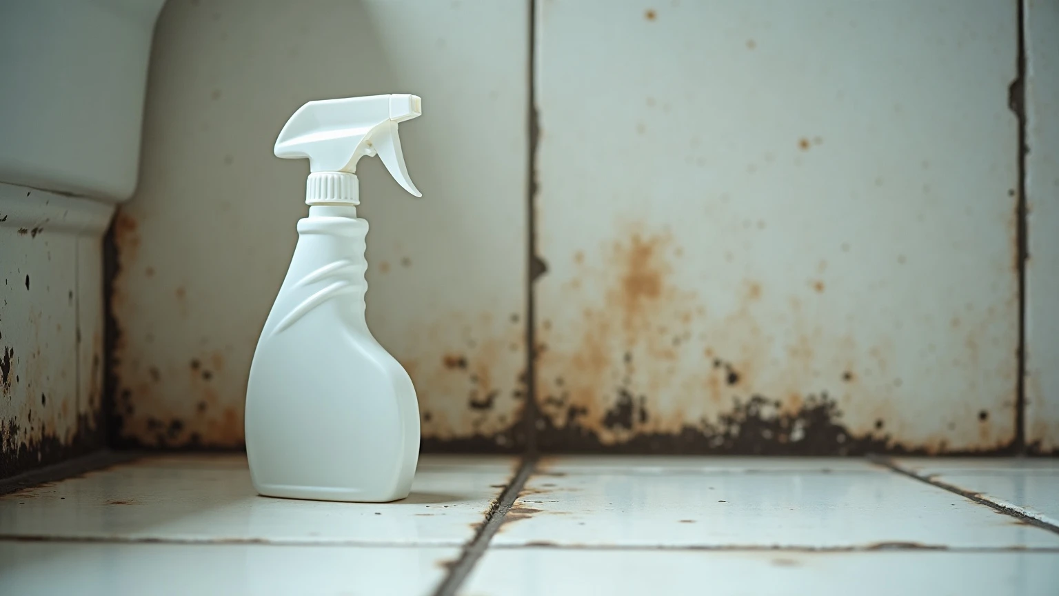 Bleach spray bottle on a bathroom tile floor next to a wall with dark mold stains on grout lines