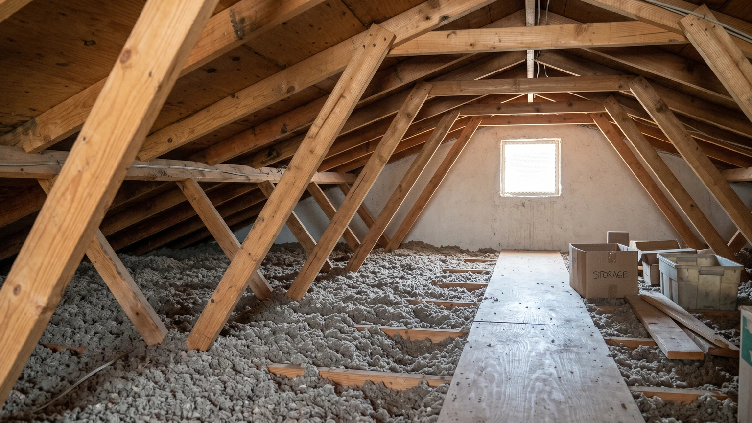 Phoenix home attic interior in summer showing wooden rafters and blown insulation, natural light from gable vent