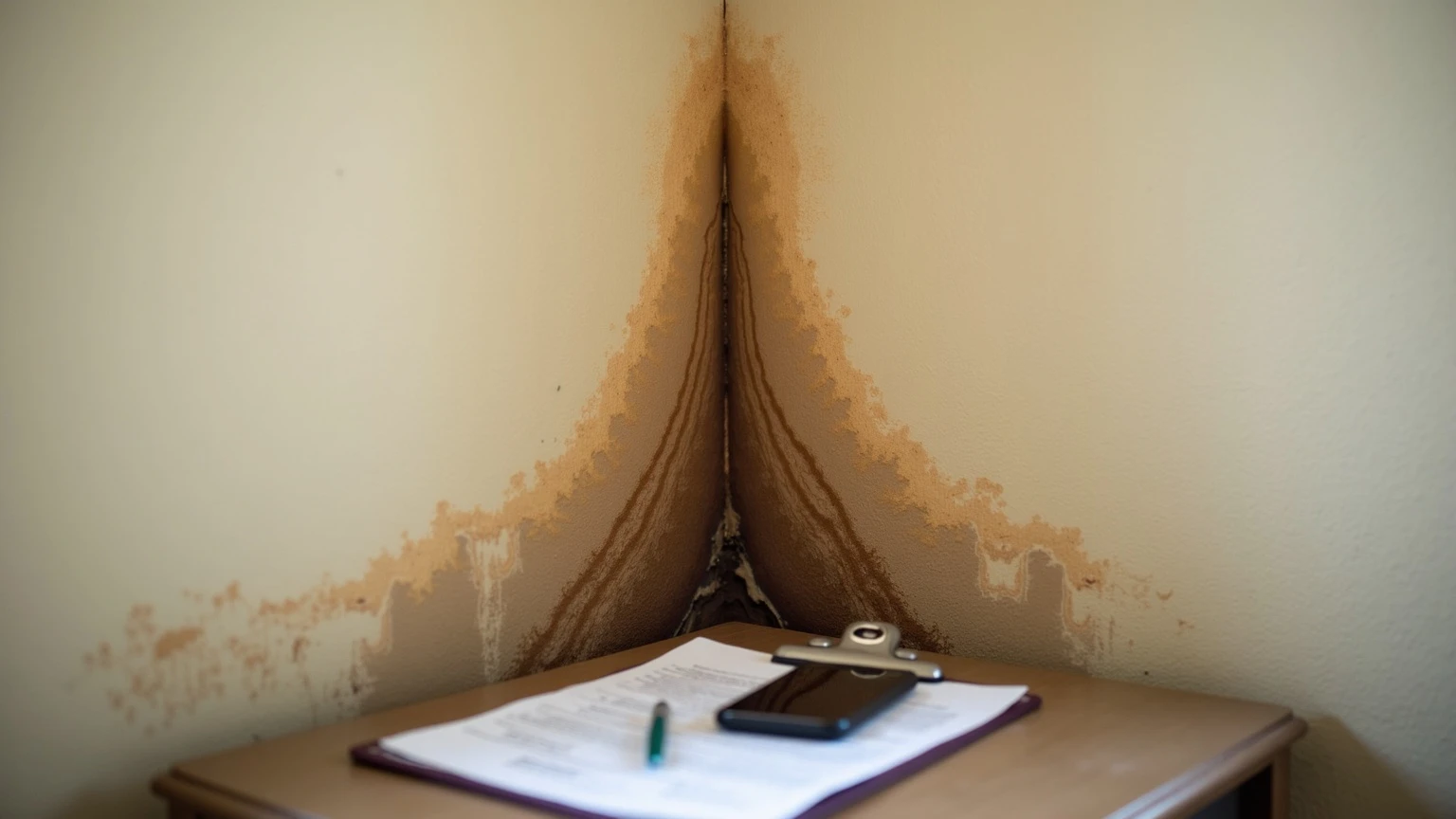 A living room wall and ceiling corner in a Phoenix home with a large brown water stain spreading downward in tide-line rings under a failed supply line, paint bubbling, with a smartphone and a clipboard of insurance paperwork on a side table below.