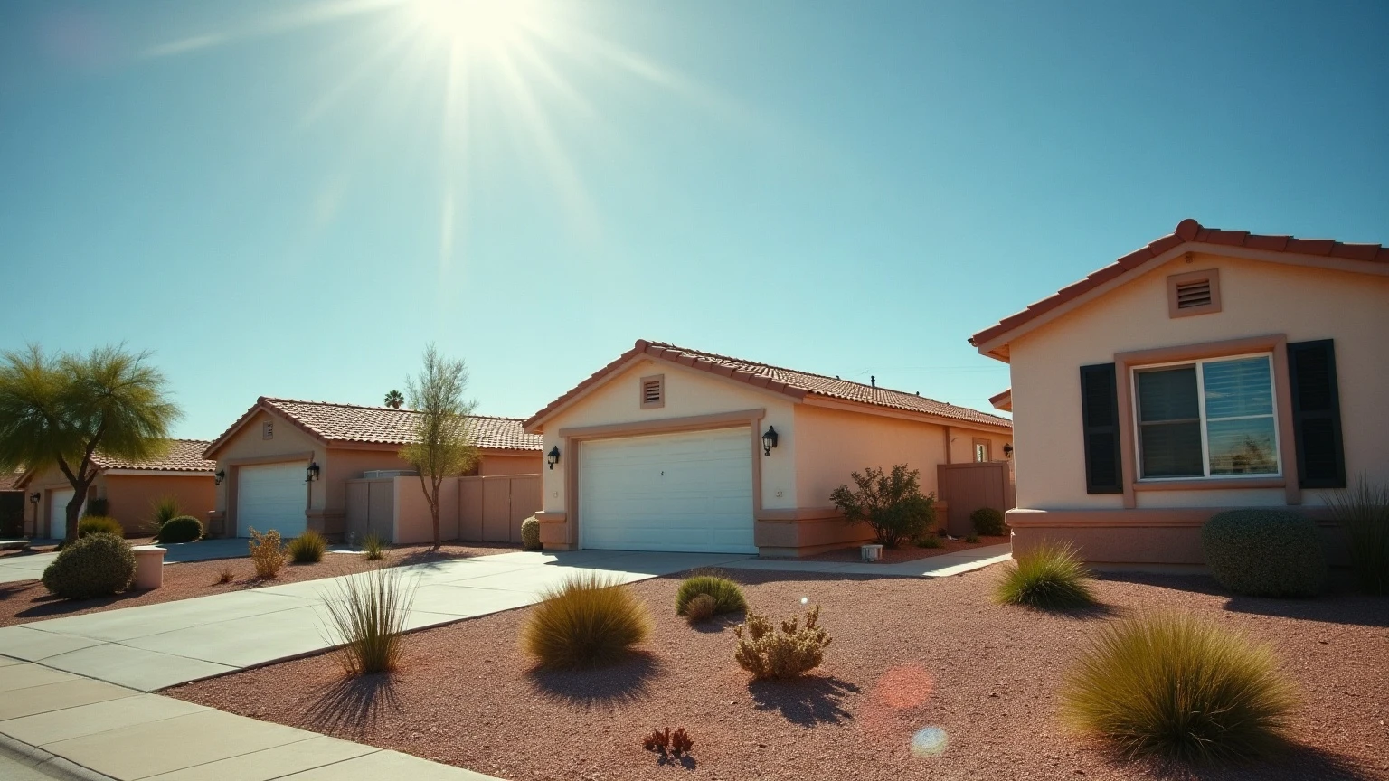 Bright midday Arizona sun beating down on a stucco desert neighborhood, no shade on the exterior walls