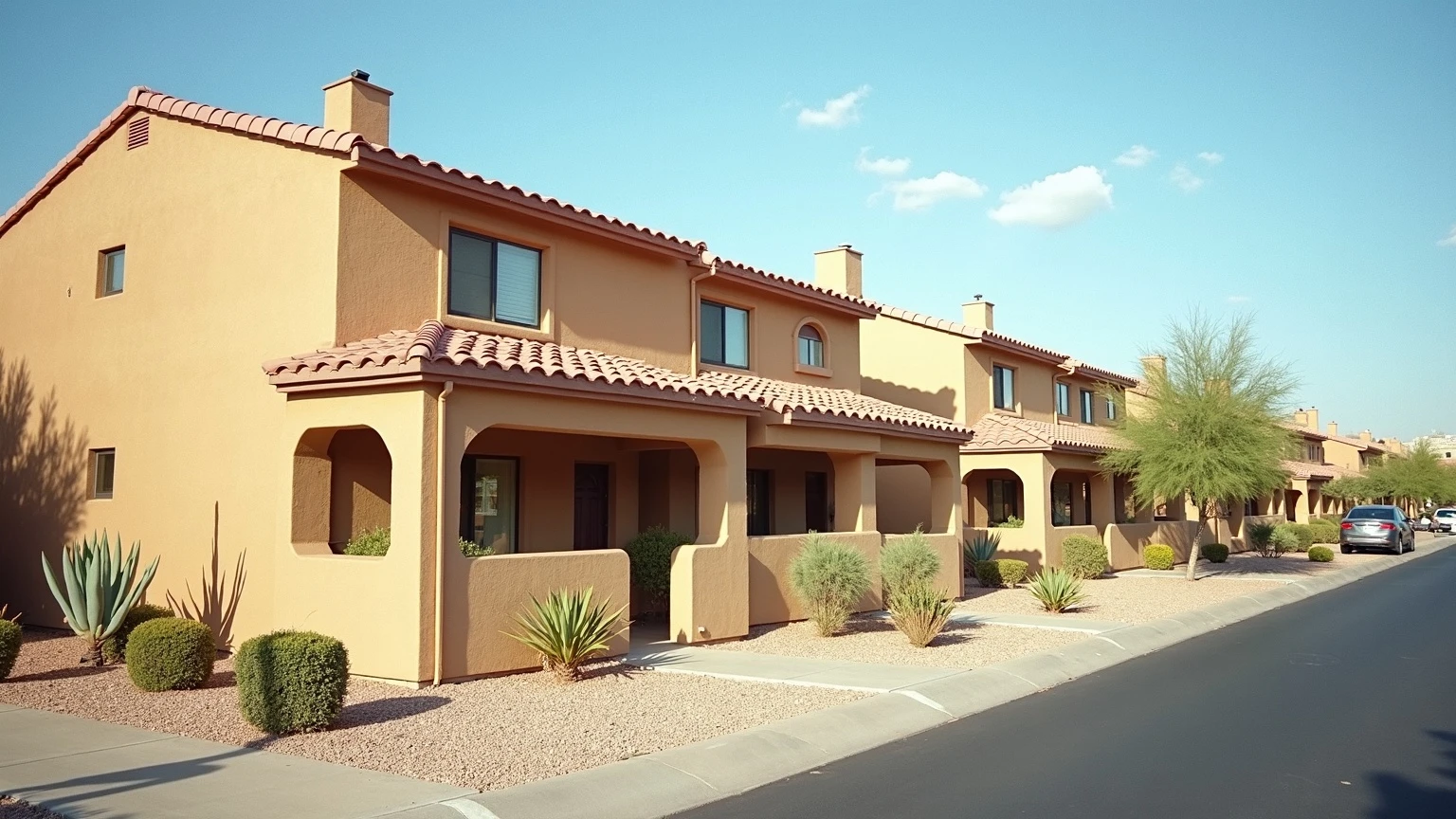 A Phoenix condominium and townhome complex on a bright midday — two-story tan stucco buildings with red tile roofs and desert gravel landscaping, with one building showing a subtle brown water stain streaking down the stucco below the roofline.