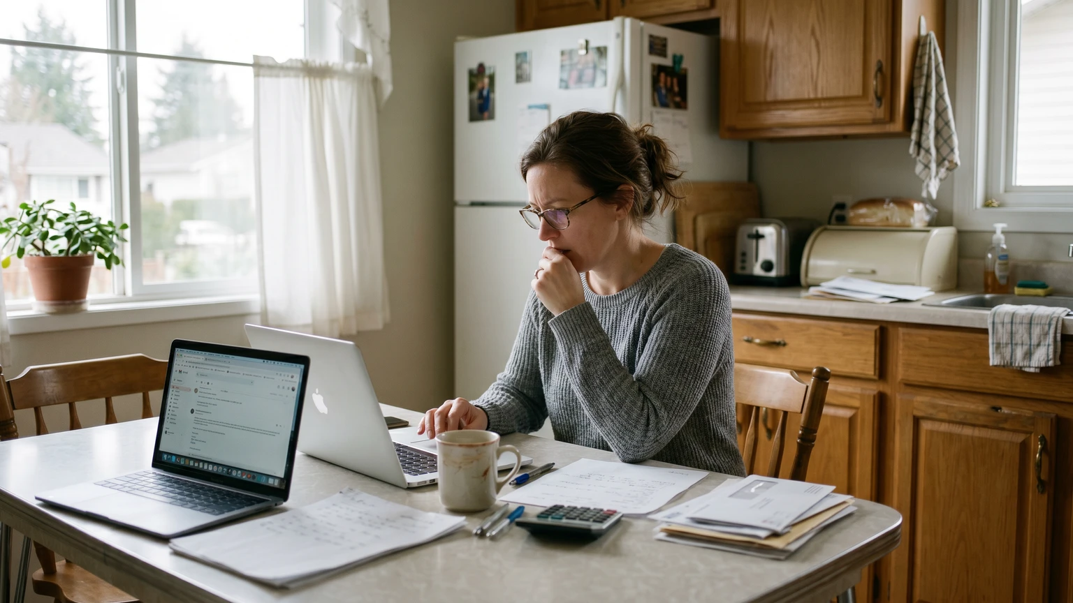 A homeowner at a kitchen table studying mold test results on a laptop, with paperwork spread out beside her.