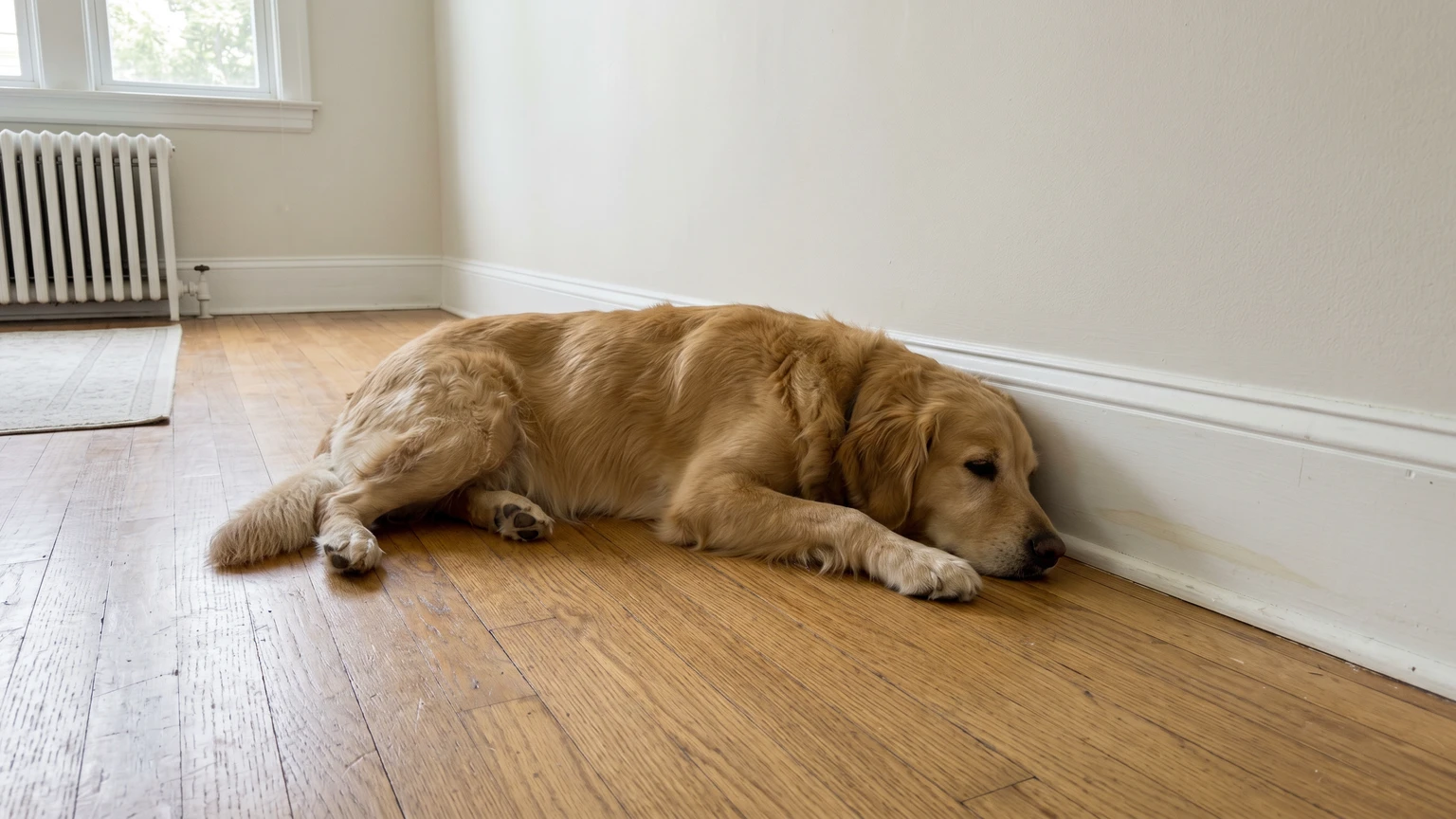 A calm dog resting on hardwood floor near a baseboard with a faint pale watermark stain, soft afternoon light, quiet home interior.