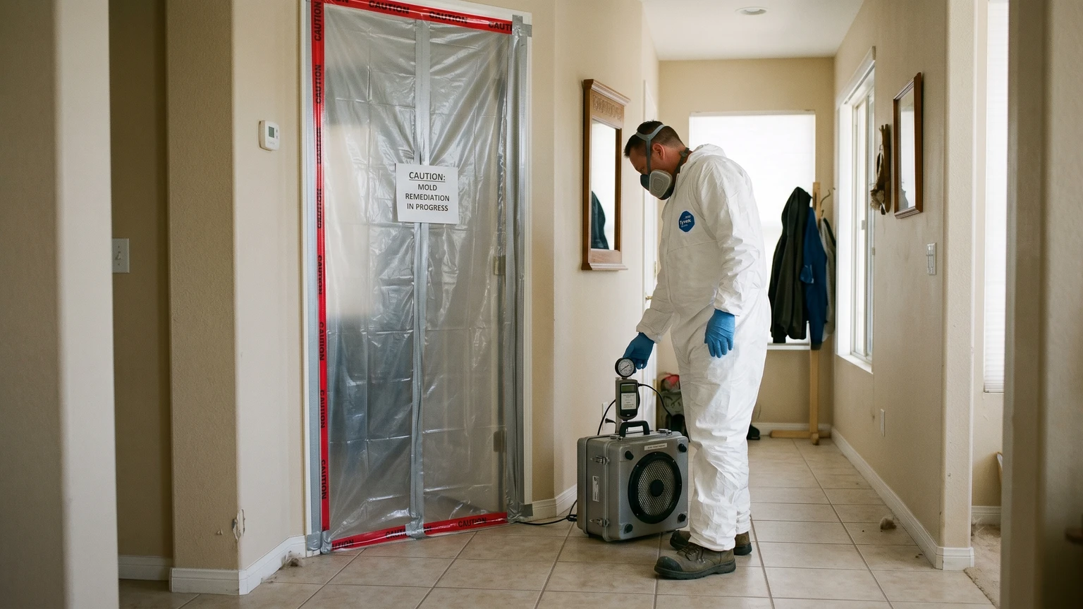 A mold remediation technician in white Tyvek suit standing outside sealed plastic containment sheeting across a residential Phoenix hallway doorway, documentary style