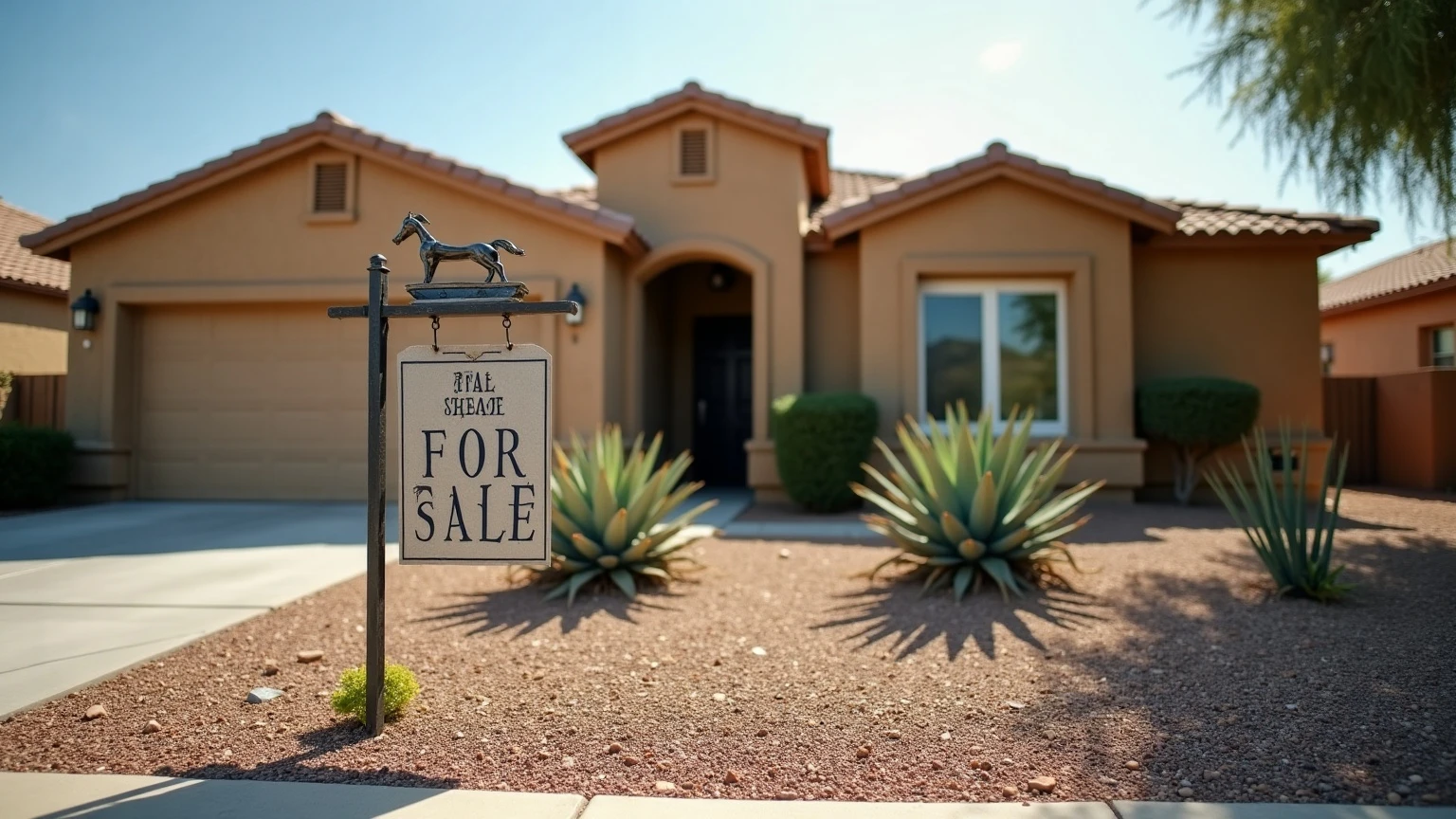 A single-story tan stucco Phoenix home with a terracotta tile roof and desert gravel-and-agave landscaping, with a metal real-estate FOR SALE sign planted in the front yard under hard midday sun.