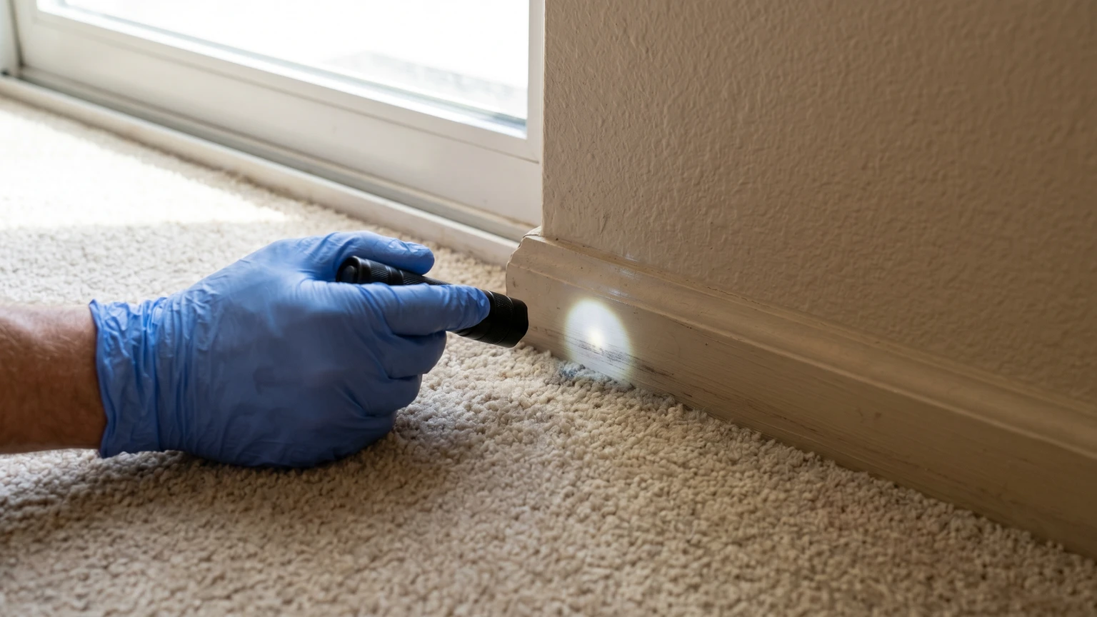 A home inspector's gloved hand holding a flashlight aimed at a faint dark stain at the base of a baseboard near a window in a bright Arizona home interior, mild early-stage discoloration on beige drywall