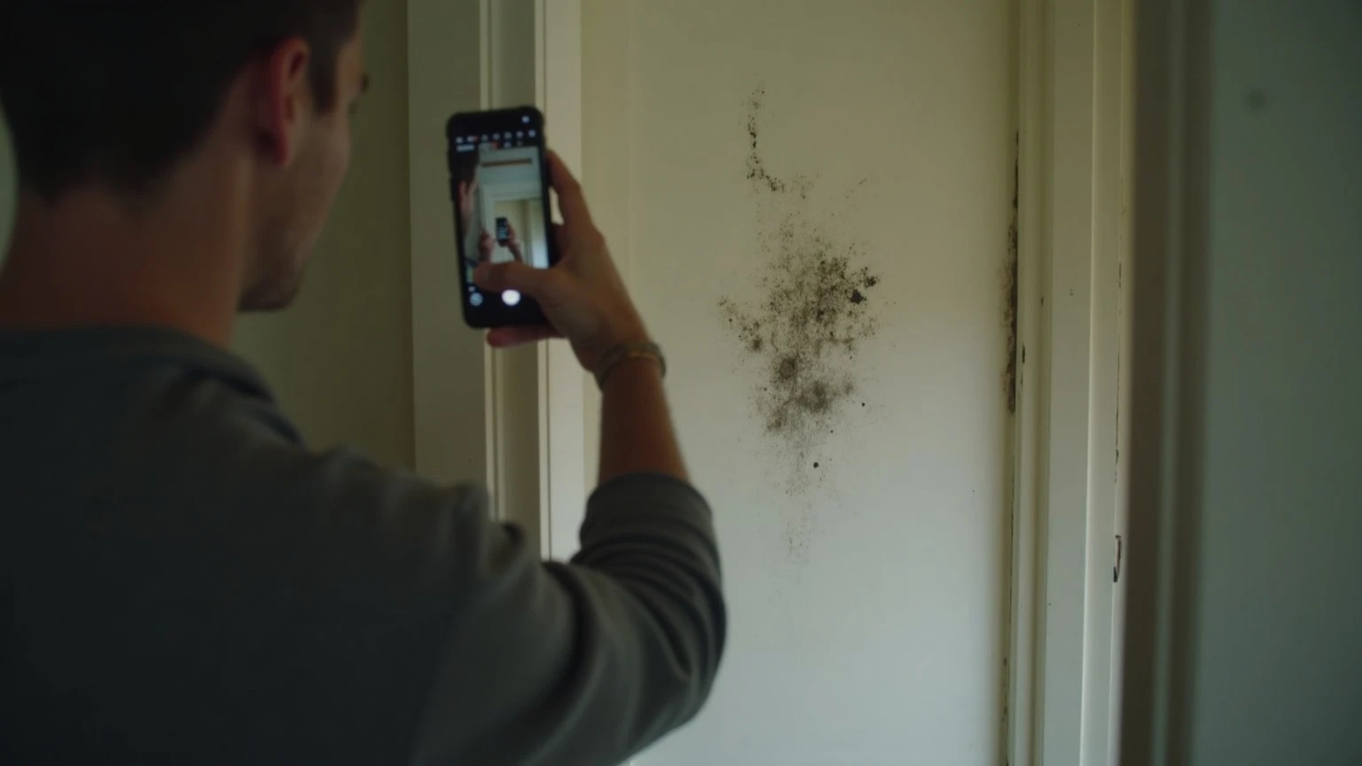 A renter in an apartment hallway holding up a smartphone to photograph a dark patch of mold spreading on the wall near a ceiling corner, shot from behind with no face visible.