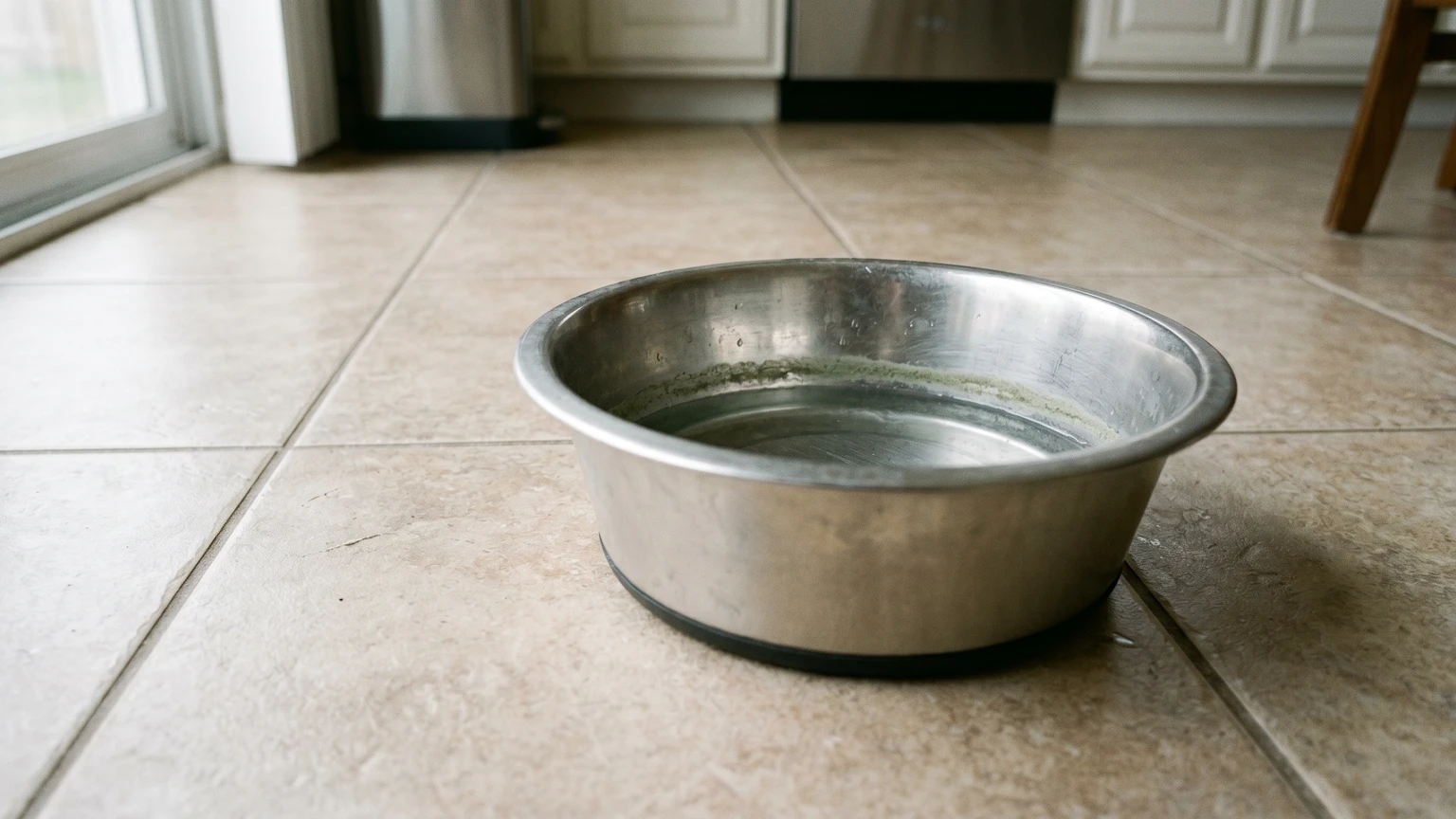 Close-up of a stainless steel dog water bowl on a kitchen floor with a slight greenish-gray slime film at the waterline, soft natural window light.