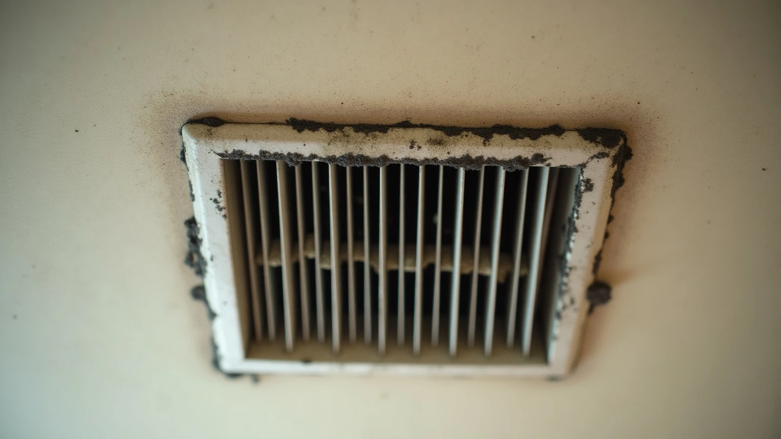 Mold growing around a ceiling air vent register in a Phoenix home, dark discoloration visible on the ceiling surface surrounding the metal louvers