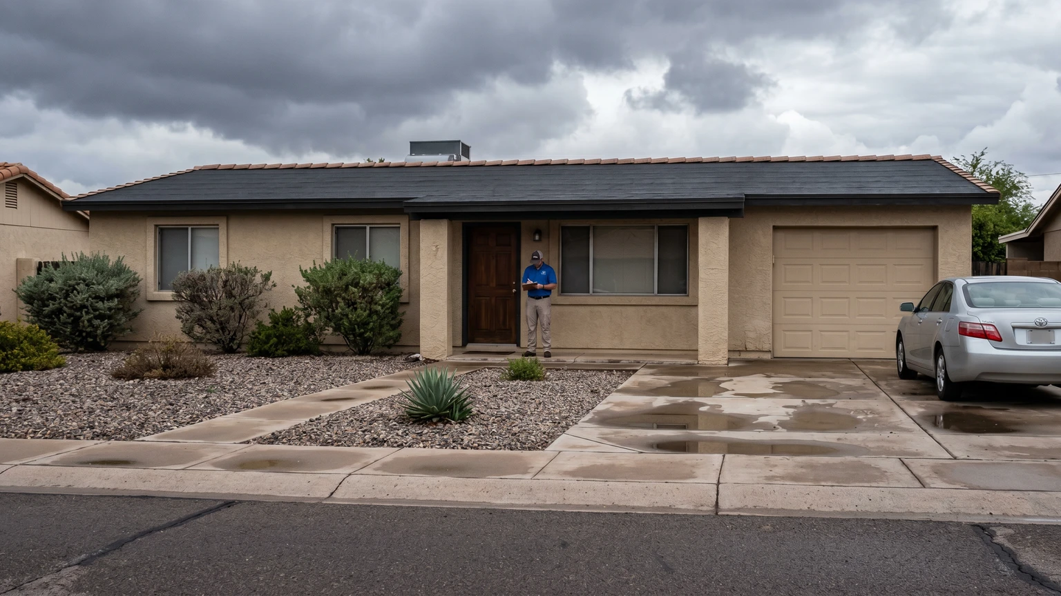 A Phoenix stucco home exterior after a monsoon storm with wet driveway and receding clouds, a homeowner visible at the front door reviewing paperwork on a clipboard