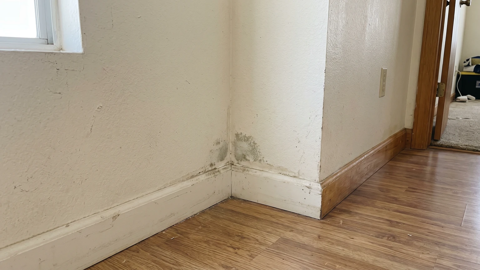 Small gray-green mold patch on interior drywall in a corner near the baseboard of an older Phoenix home