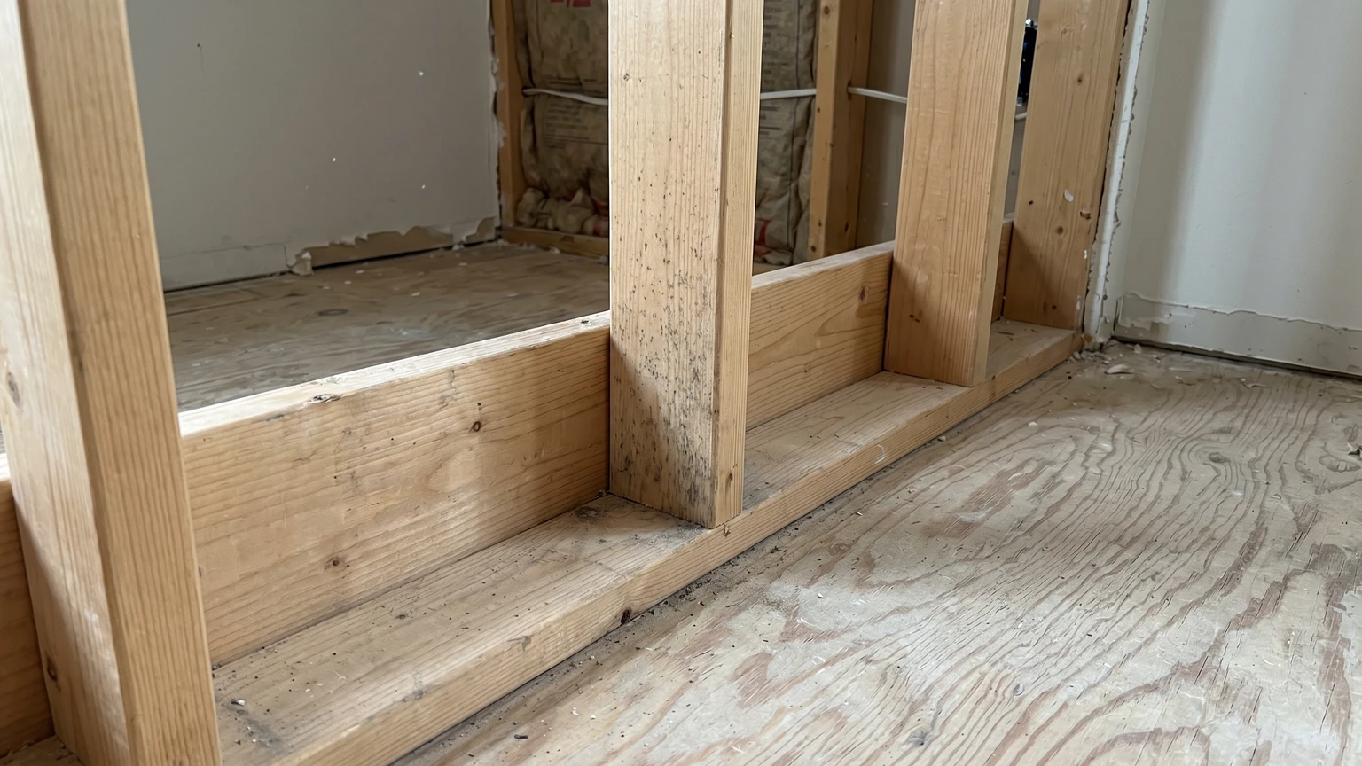 A faint patch of grey-black mold staining low on a wooden wall stud and plywood subfloor in a partially opened-up wall.