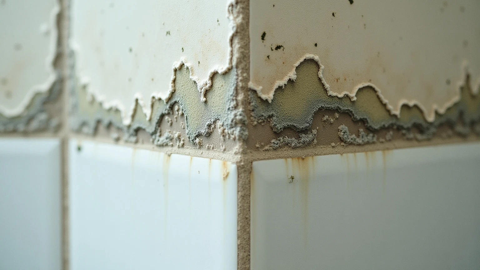 Close-up split of a bathroom wall: powdery white-gray mildew on tile grout on the left beside a darker fuzzy mold patch on drywall on the right, soft natural light.