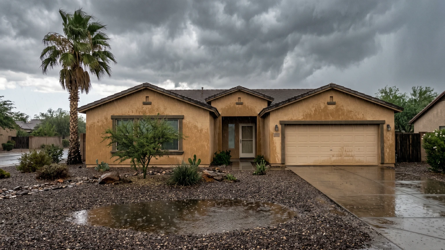 A Phoenix single-family stucco home exterior during a monsoon storm, wet tan stucco walls, dark turbulent overcast sky, rain on desert gravel landscaping, shallow water pooling on the driveway