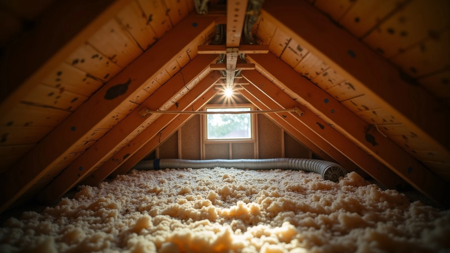 Inside a Phoenix residential attic from the access hatch: wood truss roof framing and plywood sheathing overhead, pale blown-in insulation across the joists, a flexible exhaust duct running through the framing, and hard sunlight cutting through a gable vent.