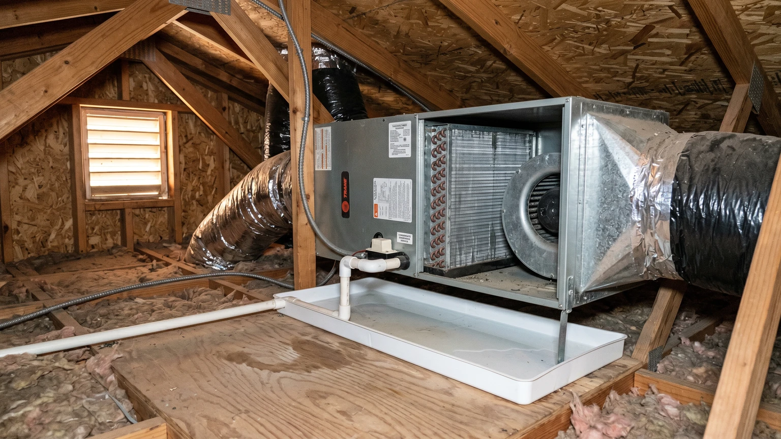 AC air handler unit in a Phoenix attic space with a condensate drain pan below the coil and a faint moisture stain on the plywood floor, dusty rafters, afternoon light.
