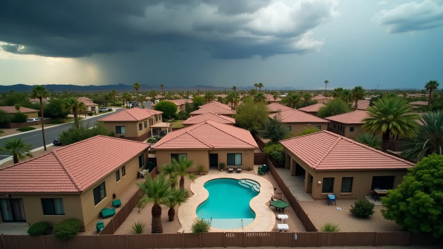 Aerial-style view over a Phoenix suburban neighborhood of tile-roof homes and backyard pools with dark monsoon storm clouds gathering over the valley in the distance.