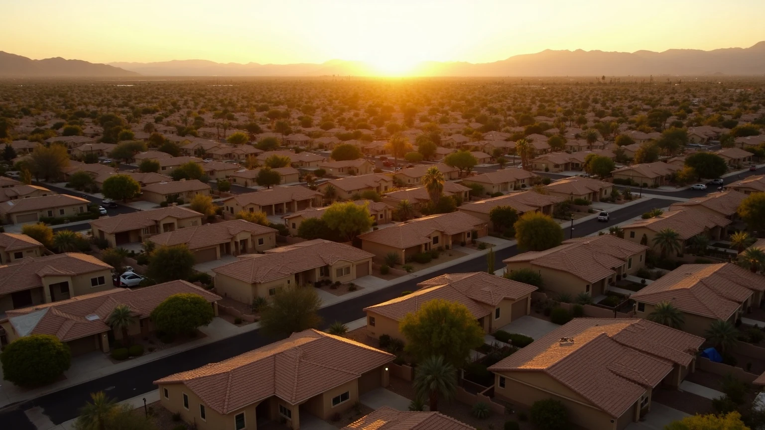 Aerial golden-hour view over a Phoenix suburban subdivision of single-story stucco homes with red tile roofs, desert landscaping, and distant brown mountains across the valley.