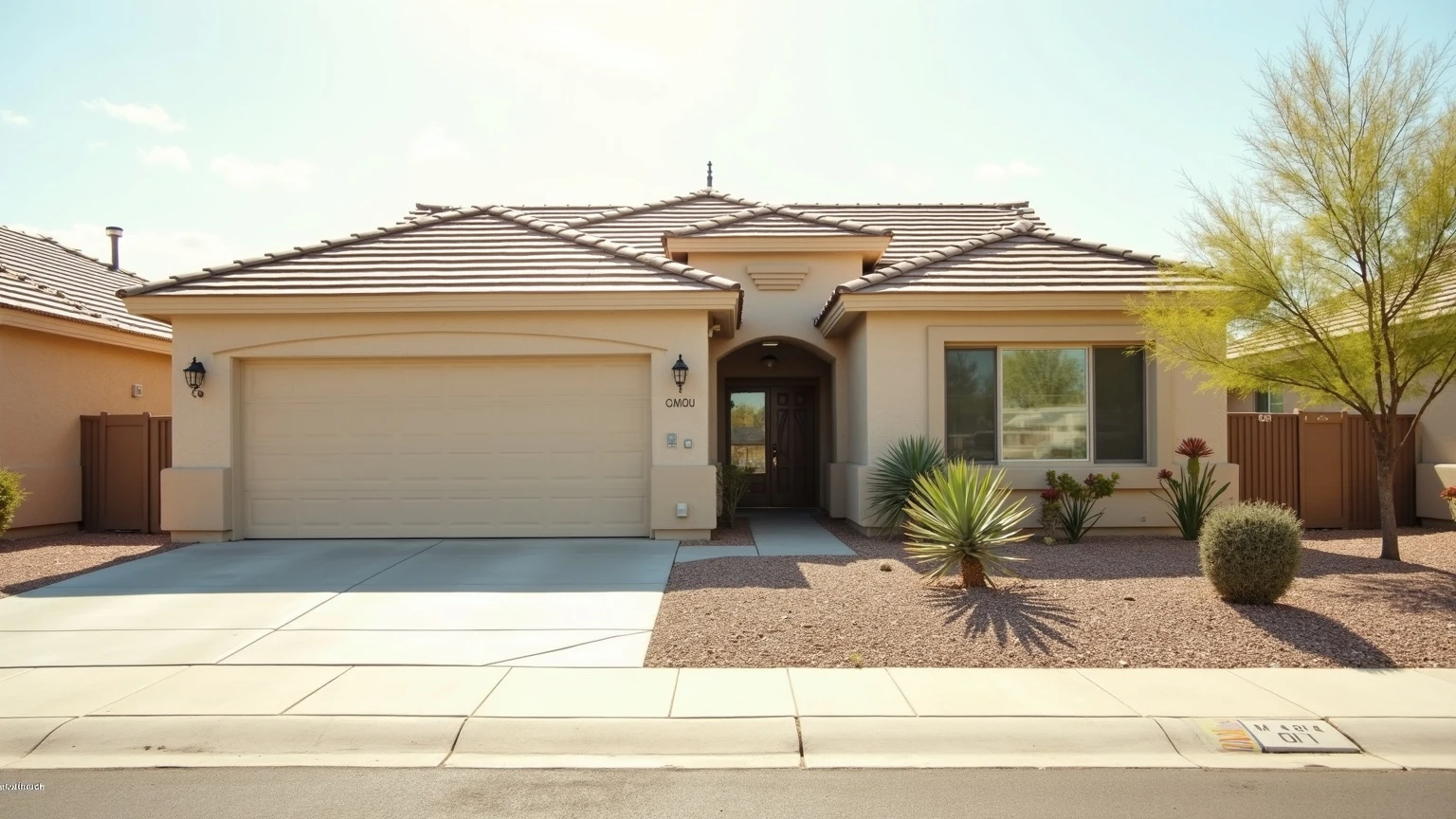 A closed-up single-story Phoenix home in harsh summer light with all the window shades drawn, an empty driveway, and gravel desert landscaping under a hazy brassy sky.